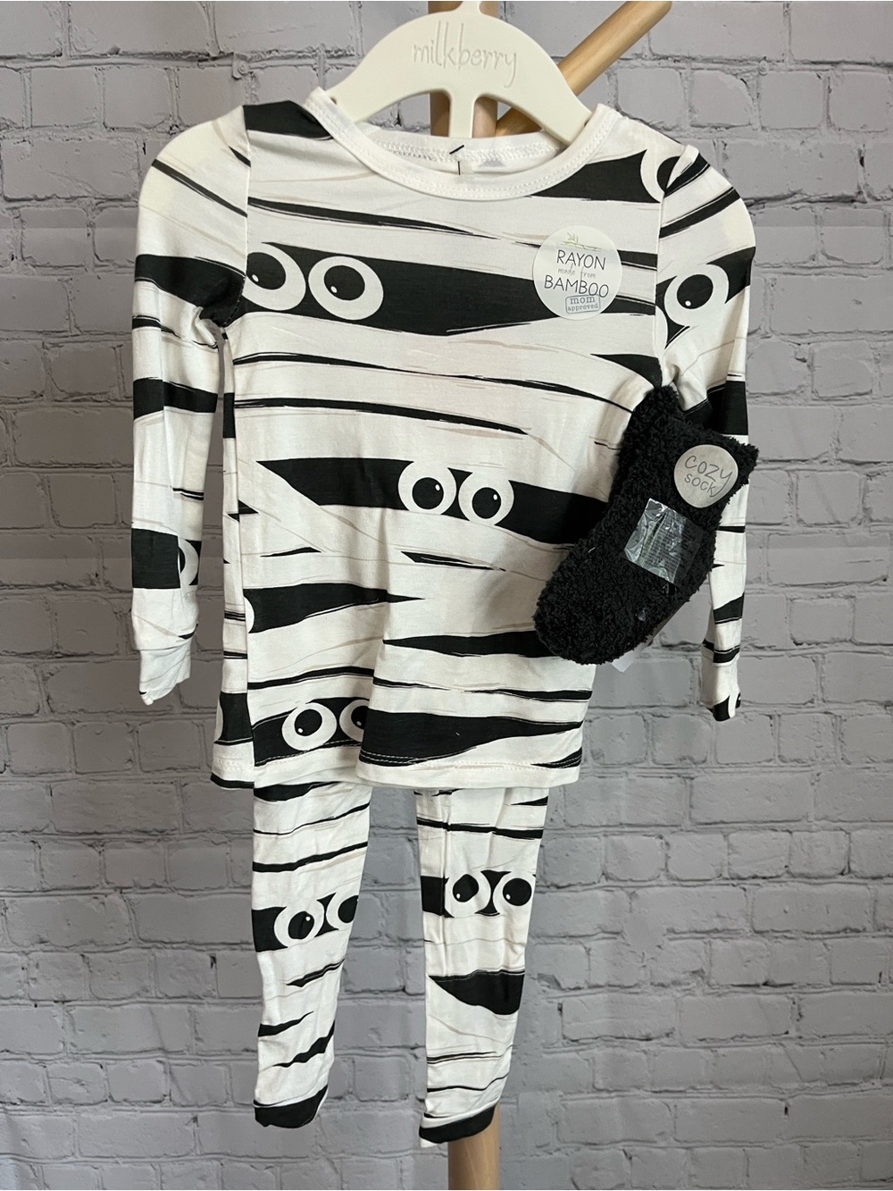 Milkberry Black & White Mummy Eye Kids Pajama Set with Cozy Socks